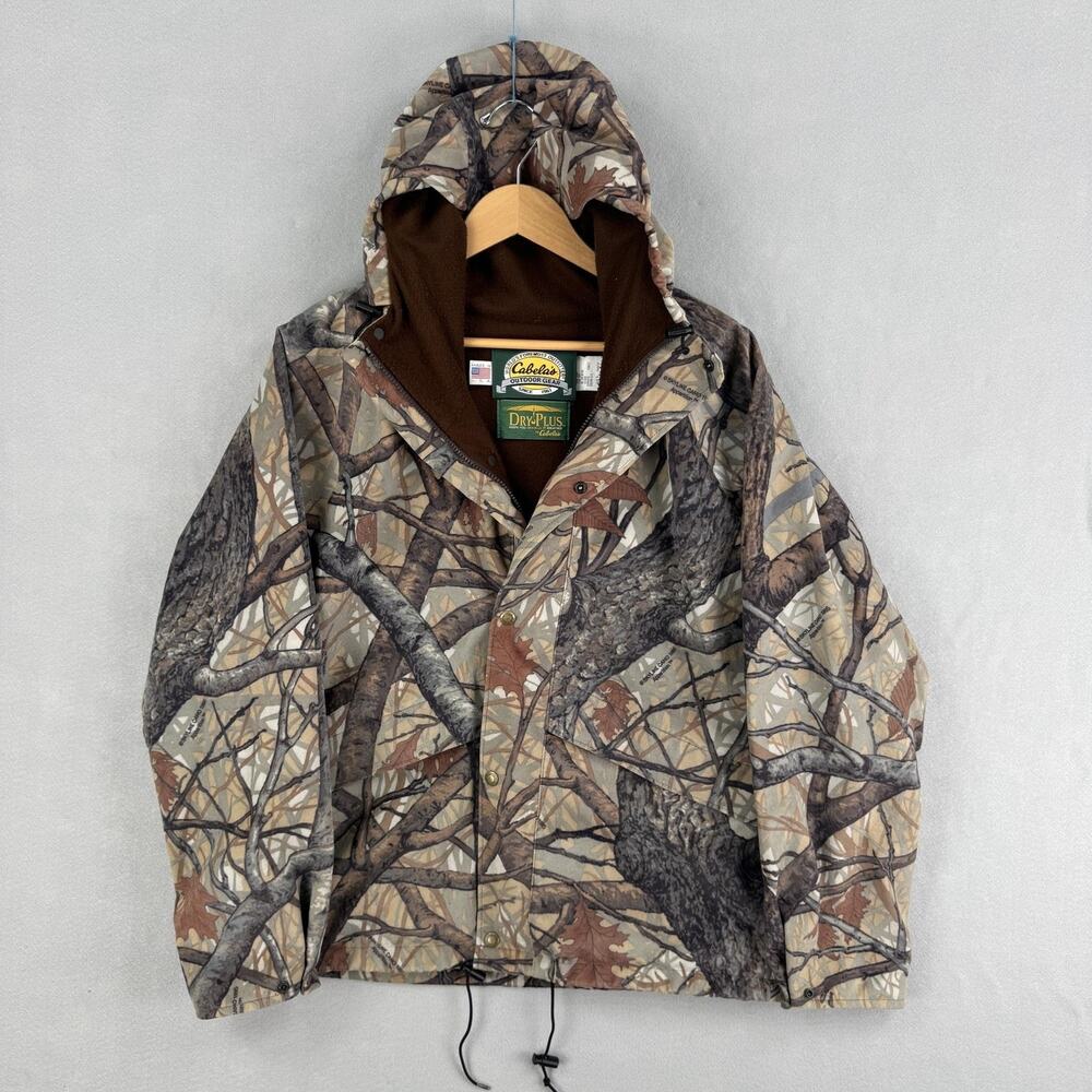 Vintage Cabelas Jacket Size Large Brown Skyline Camo DryPlus Hooded Hunting USA